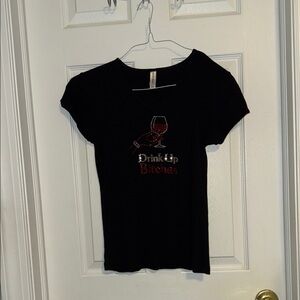 Trendy Black Tee with Wine Glass Graphic